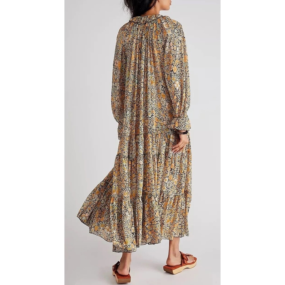 Free People Feeling Groovy Maxi Dress Yellow Floral Sheer Tiered LS Size Medium - Picture 14 of 16